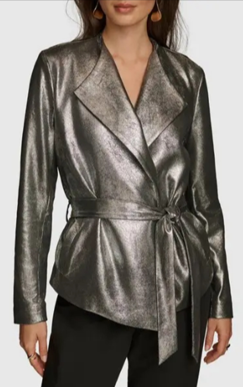 Donna Karan New York Metallic Silver Jacket Blazer Tie Waist Belted Draped Large